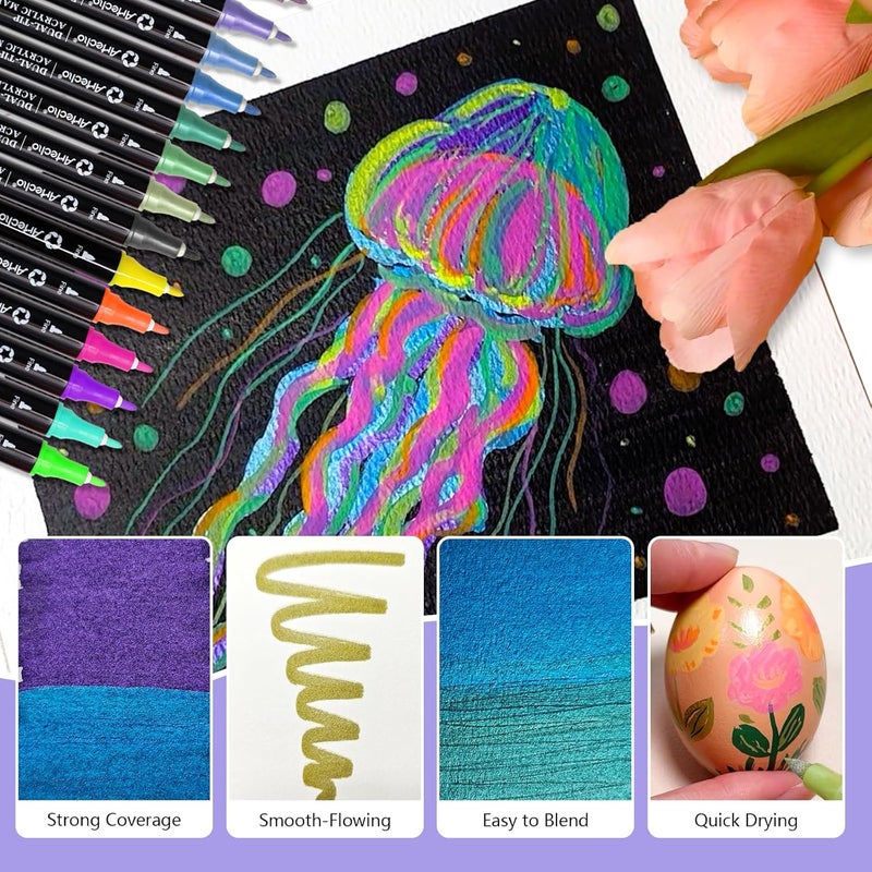 Artecho Acrylic Paint Markers 18 Colors include 12 Metallic + 6 Fluorescent Colors, for Stone, Rock Painting, Paper, Pumpkin, Wood, Egg, Canvas, Ceramic, Fabric, leather, Glass, DIY Crafts - Image 3